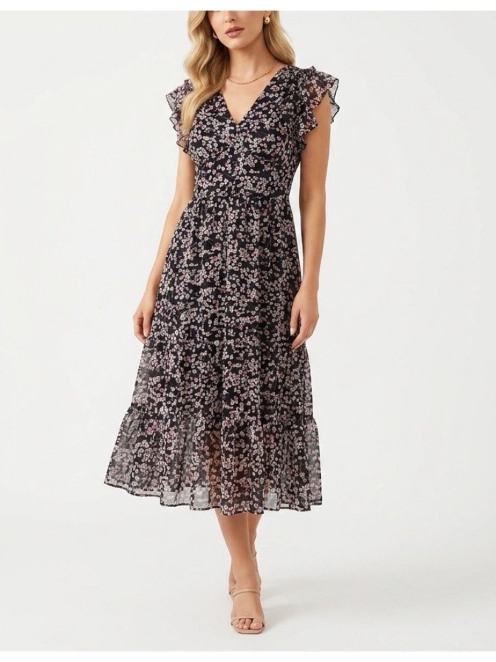 Banana Republic Black Floral Ruffle Sleeve Midi Dress Romantic 0 NEW NWOT $149